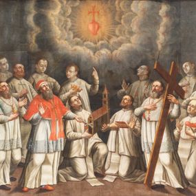 Zdjęcie nr 1: Obraz w kształcie prostokąta przedstawia trzynastu członków zakonu Fratres de Poenitentia (Marków). Po stronie lewej jest ich siedmiu, natomiast po prawej sześciu. Wszyscy zakonnicy posiadają numery do legendy z ich imionami wzdłuż dolnej krawędzi półtna. W centrum kompozycji ukazani są dwaj klęczący zakonnicy. Znajdujący się po lewej stronie, trzyma dwiema rękami brązowy model kościoła opierając go o lewe kolano, a zakonnik po prawej trzyma  w lewej ręce księgę. Obok widnieją dwaj starsi mężczyźni o siwych brodach. Stojący po prawej podtrzymuje lewą ręką wysoki drewniany krzyż, a stojący po stronie lewej  prawą ręką wykonuje gest błogosławieństwa, a w lewej trzyma krucyfiks. Jest on ubrany w czerwoną: pelerynę, czapkę piuskę oraz buty, a na szyi ma stułę. Pozostali zakonnicy stoją wokół klęczących mężczyzn. Wszyscy ubrani są w białe habity, a ich wzrok zwrócony jest ku świetlistemu niebu , gdzie wśród obłoków widnieje godło zakonu marków.  Tło kompozycji stanowi brunatne podłoże oraz ciemne niebo. Rama drewniana na cokole, flankowana kanelowanymi pilastrami, zwieńczona profilowanym gzymsem, polichromowana na czarno, w górnej części profil złocony. Wzdłuż dolnej krawędzi płótna inskrypcja: „I.S: Cletus Fundator 2. S: Quiriacus M: 3. S: Cesarius 4. S: Ventura C:  5 S: Solicitus C: 6. B: Michael C: 7. S: Moricus C: 8. S: Rainaldus C: 9. S: Liberius C: 10. S: Demetrius C: 11. S: Conoesus C: 12. S: Chilarius C: 13. S: Salerius.”