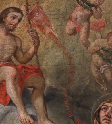 Zdjęcie nr 8: Obraz w formie stojącego prostokąta przedstawiający św. Zofię z trzema córkami, klęczącą przed Chrystusem siedzącym pośród obłoków. W centrum obrazu Zofia ukazana frontalnie, z uniesioną głową, skierowaną w prawo i rozłożonymi na boki rękami. Ubrana jest w zieloną suknię oraz błękitny płaszcz z jasnobrązowym kapturem spięty broszą u szyi. Przed Zofią klęczą jej córki ukazane jako młode dziewczęta, ubrane w suknie z gorsetami oraz płaszcze. Przed pierwszą od lewej córką Nadzieją stoi kocioł, obok Wiara trzyma ruszt, a Miłość miecz. W lewym górnym rogu obrazu Chrystus siedzący na obłoku, zwrócony w trzech czwartych w lewo, przepasany w partii nóg czerwonym płaszczem, w lewej ręce trzyma chorągiew, prawą unosi. Od Chrystusa w kierunku Zofii filakterie z napisem: „ECCE EGO QUI PROPTER VOS PASSUS SUM ET VOS PROPTER ME. Eze[chiel] Verb(um). 6”. Pośród obłoków ukazane putta i uskrzydlone główki anielskie. Nad św. Zofią unoszą się trzy aniołki, trzymające wieńce laurowe. W lewym górnym rogu kolumny ustawione na cokole oraz postument z figurą, przesłonięte podwieszoną zieloną draperią. W prawym dolnym rogu obrazu grupa klęczących członków bractwa św. Zofii, zwróconymi w lewo, z rękami złożonymi w geście modlitwy, w białych strojach brackich z kapturami i godłami na ramionach. U dołu napis: „Jakub Hodaczewski Podskarbi y Prokurator Bractwa S(więtej) Z(ofii)”. W prawym dolnym rogu przedstawienie fundatorki obrazu z mężem i dziećmi, zwróconymi w prawo, w pozycji klęczącej, z dłońmi złożonymi w geście modlitwy. Ubrani w współczesne im stroje. U dołu napis: „Salomea Błońska Fondatorka tego Obrazu w Ro(ku) 1765. / dnia 30. Lip(ca) która się ofiaruie z małżonkiem y dziatkami pod opie/kę S(więtej) Zofii Braci y Siostr prosi o westchnienie”. U dołu obrazu, przed córkami św. Zofii sygnatura: „Josephus Kopaciński [...]”. Obraz ujęty malowaną na czarno ramą w formie niskiego cokołu, flankowanego kanelowanymi lizenami, podtrzymującymi profilowany gzyms. 
