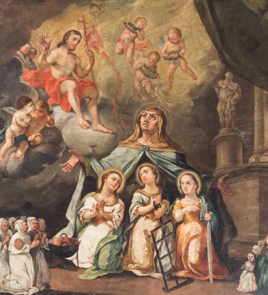 Zdjęcie nr 1: Obraz w formie stojącego prostokąta przedstawiający św. Zofię z trzema córkami, klęczącą przed Chrystusem siedzącym pośród obłoków. W centrum obrazu Zofia ukazana frontalnie, z uniesioną głową, skierowaną w prawo i rozłożonymi na boki rękami. Ubrana jest w zieloną suknię oraz błękitny płaszcz z jasnobrązowym kapturem spięty broszą u szyi. Przed Zofią klęczą jej córki ukazane jako młode dziewczęta, ubrane w suknie z gorsetami oraz płaszcze. Przed pierwszą od lewej córką Nadzieją stoi kocioł, obok Wiara trzyma ruszt, a Miłość miecz. W lewym górnym rogu obrazu Chrystus siedzący na obłoku, zwrócony w trzech czwartych w lewo, przepasany w partii nóg czerwonym płaszczem, w lewej ręce trzyma chorągiew, prawą unosi. Od Chrystusa w kierunku Zofii filakterie z napisem: „ECCE EGO QUI PROPTER VOS PASSUS SUM ET VOS PROPTER ME. Eze[chiel] Verb(um). 6”. Pośród obłoków ukazane putta i uskrzydlone główki anielskie. Nad św. Zofią unoszą się trzy aniołki, trzymające wieńce laurowe. W lewym górnym rogu kolumny ustawione na cokole oraz postument z figurą, przesłonięte podwieszoną zieloną draperią. W prawym dolnym rogu obrazu grupa klęczących członków bractwa św. Zofii, zwróconymi w lewo, z rękami złożonymi w geście modlitwy, w białych strojach brackich z kapturami i godłami na ramionach. U dołu napis: „Jakub Hodaczewski Podskarbi y Prokurator Bractwa S(więtej) Z(ofii)”. W prawym dolnym rogu przedstawienie fundatorki obrazu z mężem i dziećmi, zwróconymi w prawo, w pozycji klęczącej, z dłońmi złożonymi w geście modlitwy. Ubrani w współczesne im stroje. U dołu napis: „Salomea Błońska Fondatorka tego Obrazu w Ro(ku) 1765. / dnia 30. Lip(ca) która się ofiaruie z małżonkiem y dziatkami pod opie/kę S(więtej) Zofii Braci y Siostr prosi o westchnienie”. U dołu obrazu, przed córkami św. Zofii sygnatura: „Josephus Kopaciński [...]”. Obraz ujęty malowaną na czarno ramą w formie niskiego cokołu, flankowanego kanelowanymi lizenami, podtrzymującymi profilowany gzyms. 
