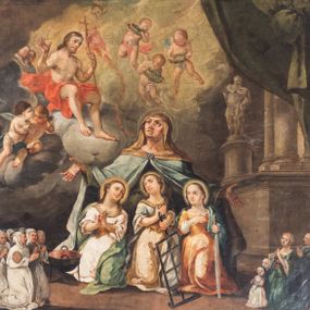 Zdjęcie nr 1: Obraz w formie stojącego prostokąta przedstawiający św. Zofię z trzema córkami, klęczącą przed Chrystusem siedzącym pośród obłoków. W centrum obrazu Zofia ukazana frontalnie, z uniesioną głową, skierowaną w prawo i rozłożonymi na boki rękami. Ubrana jest w zieloną suknię oraz błękitny płaszcz z jasnobrązowym kapturem spięty broszą u szyi. Przed Zofią klęczą jej córki ukazane jako młode dziewczęta, ubrane w suknie z gorsetami oraz płaszcze. Przed pierwszą od lewej córką Nadzieją stoi kocioł, obok Wiara trzyma ruszt, a Miłość miecz. W lewym górnym rogu obrazu Chrystus siedzący na obłoku, zwrócony w trzech czwartych w lewo, przepasany w partii nóg czerwonym płaszczem, w lewej ręce trzyma chorągiew, prawą unosi. Od Chrystusa w kierunku Zofii filakterie z napisem: „ECCE EGO QUI PROPTER VOS PASSUS SUM ET VOS PROPTER ME. Eze[chiel] Verb(um). 6”. Pośród obłoków ukazane putta i uskrzydlone główki anielskie. Nad św. Zofią unoszą się trzy aniołki, trzymające wieńce laurowe. W lewym górnym rogu kolumny ustawione na cokole oraz postument z figurą, przesłonięte podwieszoną zieloną draperią. W prawym dolnym rogu obrazu grupa klęczących członków bractwa św. Zofii, zwróconymi w lewo, z rękami złożonymi w geście modlitwy, w białych strojach brackich z kapturami i godłami na ramionach. U dołu napis: „Jakub Hodaczewski Podskarbi y Prokurator Bractwa S(więtej) Z(ofii)”. W prawym dolnym rogu przedstawienie fundatorki obrazu z mężem i dziećmi, zwróconymi w prawo, w pozycji klęczącej, z dłońmi złożonymi w geście modlitwy. Ubrani w współczesne im stroje. U dołu napis: „Salomea Błońska Fondatorka tego Obrazu w Ro(ku) 1765. / dnia 30. Lip(ca) która się ofiaruie z małżonkiem y dziatkami pod opie/kę S(więtej) Zofii Braci y Siostr prosi o westchnienie”. U dołu obrazu, przed córkami św. Zofii sygnatura: „Josephus Kopaciński [...]”. Obraz ujęty malowaną na czarno ramą w formie niskiego cokołu, flankowanego kanelowanymi lizenami, podtrzymującymi profilowany gzyms. 
