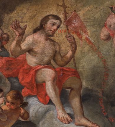 Zdjęcie nr 7: Obraz w formie stojącego prostokąta przedstawiający św. Zofię z trzema córkami, klęczącą przed Chrystusem siedzącym pośród obłoków. W centrum obrazu Zofia ukazana frontalnie, z uniesioną głową, skierowaną w prawo i rozłożonymi na boki rękami. Ubrana jest w zieloną suknię oraz błękitny płaszcz z jasnobrązowym kapturem spięty broszą u szyi. Przed Zofią klęczą jej córki ukazane jako młode dziewczęta, ubrane w suknie z gorsetami oraz płaszcze. Przed pierwszą od lewej córką Nadzieją stoi kocioł, obok Wiara trzyma ruszt, a Miłość miecz. W lewym górnym rogu obrazu Chrystus siedzący na obłoku, zwrócony w trzech czwartych w lewo, przepasany w partii nóg czerwonym płaszczem, w lewej ręce trzyma chorągiew, prawą unosi. Od Chrystusa w kierunku Zofii filakterie z napisem: „ECCE EGO QUI PROPTER VOS PASSUS SUM ET VOS PROPTER ME. Eze[chiel] Verb(um). 6”. Pośród obłoków ukazane putta i uskrzydlone główki anielskie. Nad św. Zofią unoszą się trzy aniołki, trzymające wieńce laurowe. W lewym górnym rogu kolumny ustawione na cokole oraz postument z figurą, przesłonięte podwieszoną zieloną draperią. W prawym dolnym rogu obrazu grupa klęczących członków bractwa św. Zofii, zwróconymi w lewo, z rękami złożonymi w geście modlitwy, w białych strojach brackich z kapturami i godłami na ramionach. U dołu napis: „Jakub Hodaczewski Podskarbi y Prokurator Bractwa S(więtej) Z(ofii)”. W prawym dolnym rogu przedstawienie fundatorki obrazu z mężem i dziećmi, zwróconymi w prawo, w pozycji klęczącej, z dłońmi złożonymi w geście modlitwy. Ubrani w współczesne im stroje. U dołu napis: „Salomea Błońska Fondatorka tego Obrazu w Ro(ku) 1765. / dnia 30. Lip(ca) która się ofiaruie z małżonkiem y dziatkami pod opie/kę S(więtej) Zofii Braci y Siostr prosi o westchnienie”. U dołu obrazu, przed córkami św. Zofii sygnatura: „Josephus Kopaciński [...]”. Obraz ujęty malowaną na czarno ramą w formie niskiego cokołu, flankowanego kanelowanymi lizenami, podtrzymującymi profilowany gzyms. 
