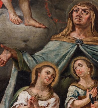 Zdjęcie nr 11: Obraz w formie stojącego prostokąta przedstawiający św. Zofię z trzema córkami, klęczącą przed Chrystusem siedzącym pośród obłoków. W centrum obrazu Zofia ukazana frontalnie, z uniesioną głową, skierowaną w prawo i rozłożonymi na boki rękami. Ubrana jest w zieloną suknię oraz błękitny płaszcz z jasnobrązowym kapturem spięty broszą u szyi. Przed Zofią klęczą jej córki ukazane jako młode dziewczęta, ubrane w suknie z gorsetami oraz płaszcze. Przed pierwszą od lewej córką Nadzieją stoi kocioł, obok Wiara trzyma ruszt, a Miłość miecz. W lewym górnym rogu obrazu Chrystus siedzący na obłoku, zwrócony w trzech czwartych w lewo, przepasany w partii nóg czerwonym płaszczem, w lewej ręce trzyma chorągiew, prawą unosi. Od Chrystusa w kierunku Zofii filakterie z napisem: „ECCE EGO QUI PROPTER VOS PASSUS SUM ET VOS PROPTER ME. Eze[chiel] Verb(um). 6”. Pośród obłoków ukazane putta i uskrzydlone główki anielskie. Nad św. Zofią unoszą się trzy aniołki, trzymające wieńce laurowe. W lewym górnym rogu kolumny ustawione na cokole oraz postument z figurą, przesłonięte podwieszoną zieloną draperią. W prawym dolnym rogu obrazu grupa klęczących członków bractwa św. Zofii, zwróconymi w lewo, z rękami złożonymi w geście modlitwy, w białych strojach brackich z kapturami i godłami na ramionach. U dołu napis: „Jakub Hodaczewski Podskarbi y Prokurator Bractwa S(więtej) Z(ofii)”. W prawym dolnym rogu przedstawienie fundatorki obrazu z mężem i dziećmi, zwróconymi w prawo, w pozycji klęczącej, z dłońmi złożonymi w geście modlitwy. Ubrani w współczesne im stroje. U dołu napis: „Salomea Błońska Fondatorka tego Obrazu w Ro(ku) 1765. / dnia 30. Lip(ca) która się ofiaruie z małżonkiem y dziatkami pod opie/kę S(więtej) Zofii Braci y Siostr prosi o westchnienie”. U dołu obrazu, przed córkami św. Zofii sygnatura: „Josephus Kopaciński [...]”. Obraz ujęty malowaną na czarno ramą w formie niskiego cokołu, flankowanego kanelowanymi lizenami, podtrzymującymi profilowany gzyms. 
