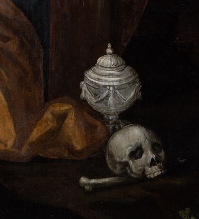 Zdjęcie nr 8: Obraz w formie stojącego prostokąta zamkniętego łukiem półkolistym przedstawiający ukrzyżowanego Chrystusa z postaciami Matki Boskiej, św. Marii Magdaleny i św. Jana u dołu dzieła. Niemal całą szerokość i wysokość obrazu wypełnia krzyż o prostym zakończeniu ramion z postacią umarłego Chrystusa w górnej połowie, przybitego do niego trzema gwoździami. Ciało Jezusa jest w lekkim zwisie, o szeroko rozstawionych ramionach, układających się w delikatny łuk, z głową opadającą na prawy bark, ugiętymi w kolanach nogami i stopami w układzie prawa na lewą. Twarz ma podłużną, trójkątną, o zamkniętych oczach, dużym, garbatym nosie i pełnych ustach; okoloną krótką brodą oraz brązowymi włosami sięgającymi ramion. Na głowie ma szeroką koronę cierniową, wokół niej wiązki promieni. Jego ciało jest smukłe i wydłużone, z podkreśloną muskulaturą klatki piersiowej i ramion, z zaznaczonymi śladami męki. Przez biodra przewiązane białe, krótkie i opadające perizonium ze zwisem tkaniny na prawym boku. Krzyż zakończony banderolą z napisem „INRI”, u jego dołu leżą puszka, czaszka i piszczel. Postać Chrystusa flankują dwa adorujące aniołki. W dolnej części krzyża klęczy św. Maria Magdalena, zwrócona w trzech czwartych w lewo, z głową skierowana w górę, obiema rękami obejmuje belkę. Twarz ma owalną, o dużych oczach skierowanych w górę, prostym nosie i pełnych ustach, okoloną długimi, kręconymi włosami, opadającymi na ramiona. Ubrana jest w jasnoniebieską suknię spodnią, jasnofioletowa suknię wierzchnią oraz jasnobrązowy płaszcz zarzucony na lewe ramie i plecy. Po prawej stronie krzyża stoi Matka Boska, zwrócona w trzech czwartych w lewo, z głową skierowaną w górę i rękami złożonymi w geście modlitwy. Twarz ma szczupłą, z oczami skierowanymi w górę, garbatym nosem i wąskimi ustami. Ubrana jest w jasnoróżową suknię, niebieski płaszcz zarzucony na ramiona oraz brązowy welon, opadający na ramiona. Po lewej stronie krzyża stoi św. Jan, zwrócony w trzech czwartych w prawo, z głową skierowaną w górę oraz opuszczonymi rękami ze splecionymi dłońmi. Twarz ma owalną, o dużych, zapłakanych oczach zwróconych do góry, dużym nosie i pełnych, otwartych ustach; okoloną brązowymi i kręconymi włosami, opadającymi na ramiona. Ubrany jest w brązowo-zieloną tunikę, wiązaną pod szyją oraz czerwony płaszcz przewiązany diagonalnie przez prawe ramię. Scena ukazana jako nokturn z niebem zakrytym ciemnymi obłokami z widocznym prześwitem światła, na tle górzystego pejzażu z widokiem miasta w oddali. W prawym dolnym rogu obrazu, na kamieniu, sygnatura: „LVCAS PORHEBIVS / A(NNO) 1618 PINXERAT.”
