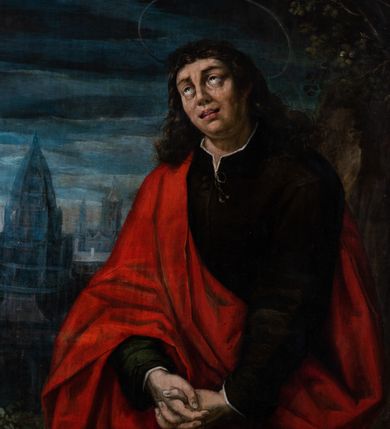 Zdjęcie nr 17: Obraz w formie stojącego prostokąta zamkniętego łukiem półkolistym przedstawiający ukrzyżowanego Chrystusa z postaciami Matki Boskiej, św. Marii Magdaleny i św. Jana u dołu dzieła. Niemal całą szerokość i wysokość obrazu wypełnia krzyż o prostym zakończeniu ramion z postacią umarłego Chrystusa w górnej połowie, przybitego do niego trzema gwoździami. Ciało Jezusa jest w lekkim zwisie, o szeroko rozstawionych ramionach, układających się w delikatny łuk, z głową opadającą na prawy bark, ugiętymi w kolanach nogami i stopami w układzie prawa na lewą. Twarz ma podłużną, trójkątną, o zamkniętych oczach, dużym, garbatym nosie i pełnych ustach; okoloną krótką brodą oraz brązowymi włosami sięgającymi ramion. Na głowie ma szeroką koronę cierniową, wokół niej wiązki promieni. Jego ciało jest smukłe i wydłużone, z podkreśloną muskulaturą klatki piersiowej i ramion, z zaznaczonymi śladami męki. Przez biodra przewiązane białe, krótkie i opadające perizonium ze zwisem tkaniny na prawym boku. Krzyż zakończony banderolą z napisem „INRI”, u jego dołu leżą puszka, czaszka i piszczel. Postać Chrystusa flankują dwa adorujące aniołki. W dolnej części krzyża klęczy św. Maria Magdalena, zwrócona w trzech czwartych w lewo, z głową skierowana w górę, obiema rękami obejmuje belkę. Twarz ma owalną, o dużych oczach skierowanych w górę, prostym nosie i pełnych ustach, okoloną długimi, kręconymi włosami, opadającymi na ramiona. Ubrana jest w jasnoniebieską suknię spodnią, jasnofioletowa suknię wierzchnią oraz jasnobrązowy płaszcz zarzucony na lewe ramie i plecy. Po prawej stronie krzyża stoi Matka Boska, zwrócona w trzech czwartych w lewo, z głową skierowaną w górę i rękami złożonymi w geście modlitwy. Twarz ma szczupłą, z oczami skierowanymi w górę, garbatym nosem i wąskimi ustami. Ubrana jest w jasnoróżową suknię, niebieski płaszcz zarzucony na ramiona oraz brązowy welon, opadający na ramiona. Po lewej stronie krzyża stoi św. Jan, zwrócony w trzech czwartych w prawo, z głową skierowaną w górę oraz opuszczonymi rękami ze splecionymi dłońmi. Twarz ma owalną, o dużych, zapłakanych oczach zwróconych do góry, dużym nosie i pełnych, otwartych ustach; okoloną brązowymi i kręconymi włosami, opadającymi na ramiona. Ubrany jest w brązowo-zieloną tunikę, wiązaną pod szyją oraz czerwony płaszcz przewiązany diagonalnie przez prawe ramię. Scena ukazana jako nokturn z niebem zakrytym ciemnymi obłokami z widocznym prześwitem światła, na tle górzystego pejzażu z widokiem miasta w oddali. W prawym dolnym rogu obrazu, na kamieniu, sygnatura: „LVCAS PORHEBIVS / A(NNO) 1618 PINXERAT.”
