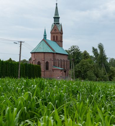 Zdjęcie nr 7: Kościół ceglany, na planie prostokąta z węższym i niższym prezbiterium z zakrystią od północy i wieżą od zachodu. Kościół orientowany, jednonawowy, czteroprzęsłowy z węższym, jednoprzęsłowym prezbiterium zamkniętym trójbocznie, z kruchtą w przyziemiu wieży. Nawa artykułowana półfilarami o ściętych narożach, przechodzącymi w zamknięte łukiem ostrym gurty krzyżowo-żebrowego sklepienia. W nawie i prezbiterium okna prostokątne zamknięte łukiem ostrym – pięć w prezbiterium, po trzy z każdej strony nawy. Węższe okna w przęśle chóru, kolejne w fasadzie. Główne wejście od wschodu, drugie od zachodu. Chór muzyczny w czwartym przęśle nawy, wsparty na wielobocznych filarach, podtrzymujących ostrołukowe arkady, z parapetem ozdobionym blendami. Ściany w dolnej partii pokryte drewnianą boazerią, wyżej malowane na kremowo, w partiach sklepienia polichromia podkreślająca elementy konstrukcji fragmentami stylizowanej wici i dekoracji floralnej; na belce tęczowej anioły niosące plakiety z symbolami świętych sakramentów. Fasada trójosiowa, z ryzalitem szerokości wieży oszkarpowanym na narożach. Podziały poziome przeprowadzone przy pomocy gzymsów. Na osi ostrołukowe wejście, powyżej wypełniony maswerkiem okulus. Następna kondygnacja jest częścią czworobocznej wieży, wypełniono ją dużym oknem w kształcę stojącego prostokąta zamkniętego łukiem ostrym.  Boczne osie z małymi oknami powtarzającymi kształt pozostałych, zamknięte trójkątnym przyczółkiem przerwanym na wieżę. Najwyższa kondygnacja wieży przepruta z każdej strony parą okien w kształcie stojących prostokątów umieszczonych w ostrołukowych niszach. Wieńczący ją gzyms dekorowany zygzakiem, powyżej trójkątne szczyty z ostrołukową blendą z okulusem w centrum. Elewacje boczne i prezbiterium oszkarpowane, przeprute oknami.  Hełm wieży w formie latarni zakończonej stożkiem z kupą i krzyżem, nawa przekryta dachem dwuspadowym, prezbiterium wielobocznym, zakrystia i wejście od zachodu pulpitowymi. 


Do najciekawszych elementów wyposażenia należą zespół neogotyckich ołtarzy wraz z amboną oraz kolekcja dziewiętnastowiecznych feretronów. W otoczeniu kościoła znajduje się kamienna figura św. Jana Nepomucena z 1788 roku. 
