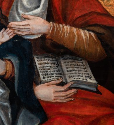 Zdjęcie nr 5: Ołtarz architektoniczny, jednoosiowy, jednokondygnacyjny, ze zwieńczeniem. Ołtarz prostopadłościenny z drewnianą, współczesną mensą i współczesnym antependium z przedstawieniem świętej w otoczeniu wieńca z kwiatami. Nastawa ujęta ukośnie dostawionymi filarami kanelowanymi, ustawionymi na postumentach z konsolami o prostych kapitelach utworzonych z roccailli i konsol podtrzymujących przerwane belkowanie zwieńczone ćwierćkolistymi naczółkami. Zwieńczenie o wklęsłych bokach zakończone profilowanym gzymsem w kształcie łuku nadwieszonego półkolistego. Na tle filaru, na konsolach ustawione figury uskrzydlonych aniołów. W polu środkowym obraz w kształcie stojącego prostokąta zamkniętego łukiem nadwieszonym półkolistym ozdobiony rocaillem. W ramie obraz z przedstawieniem św. Anny Samotrzeciej z Madonną z Dzieciątkiem. Nad ramą baldachim z lambrekinem. W zwieńczeniu serce Gorejące na tle glorii promienistej z chmurkami, zwieńczonej uskrzydloną główką anielską; nad gzymsem zwieńczenia  grzebień utworzony z ażurowego rocaillu. 