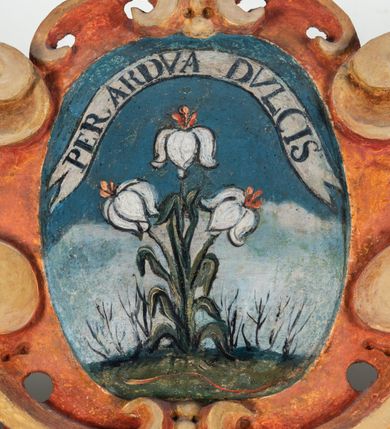 Zdjęcie nr 54: Umeblowanie zakrystii usytuowane jest wzdłuż ścian północnej, południowej i wschodniej pomieszczenia.  Na ścianie północnej, w części dolnej znajdują się trzy połączone ze sobą komody, każda o czterech szufladach, nakryte jednym blatem. W części górnej mieszczą się pięcioosiowe szafki z szufladami w cokole. Osie artykułowe są pilastrami hermowymi. Na osi środkowej szafka jest nieco wyższa i szersza z drzwiczkami dekorowanymi prostokątną, uszatą, oprofilowaną płyciną z malowanym przedstawieniem Chrystusa Eucharystycznego. Drzwiczki pozostałych szafek mają kształt stojących prostokątów i dekorowane są płycinami o wklęsłych narożach, zdobionymi gałązkami czerwonych róż, ułożonych w rokokowych wazonach. Ścianki zamknięte są niepełnym belkowaniem z gzymsem. W partii zwieńczenia osie artykułowane są cokolikami, na których ustawione są toczone, kuliste wazoniki. Pomiędzy nimi umieszczone są kartusze utworzone z ornamentu małżowinowo-chrząstkowego z malowanymi emblematami na owalnych medalionach, które ułożone są kolejno od lewej strony: 
1. Pionowo ustawiony miecz, ostrzem skierowany ku górze, połączony ze skrzyżowanymi berłem i dwoma kluczami, od których odchodzą fantazyjnie ułożone sznury w kolorze czerwonym. U góry napis na szarfie: „OBEDITE”.
2. W górnej części wyłaniająca się z chmur ręka trzymająca w dłoni węgielnicę i przymocowane do niej na łańcuszku tablice Dekalogu. Napis na szarfie: „OMNIA SVSTINET”.
3. Bóg Ojciec ukazany w półpostaci, lewą ręką opiera się na kuli ziemskiej, prawą czyni gest błogosławieństwa. 
4. Bujnie ulistnione, ciemnozielone drzewko spięte w dolnej części złotą formą w kształcie dwóch wywiniętych wolutek. Napis na szarfie: „GAVDET PATIENTIA DVRIS”. 
5. W górnej części obrazu z chmur wyłania się ręka, która zrzuca na ziemię iskrzący pocisk i dwa skrzyżowane pioruny, połączone parą białych skrzydeł. Napis „FORTIS VLTOR”.
 
Na ścianie środkowej, wschodniej znajduje się sarkofagowa mensa, powyżej parawanowa ścianka na profilowanym cokole, artykułowana pilastrami, pomiędzy którymi umieszczone są płyciny z kształcie leżących prostokątów z obrazami; ścianka zamknięta jest profilowanym gzymsem. W zwieńczeniu, na jej skrajach znajdują się owalne medaliony ujęte w kartusze z ornamentu małżowinowo-chrząstkowego. W medalionie po lewej stronie namalowane są litery alfa i omega na błękitnym tle oraz wstęga z napisem: „RENOVATUM A(NNO) D(OMINI) 1975”. Po prawej stronie analogiczny kartusz z literami w medalionie: „Ω / O / N” wpisane w formę krzyża, otoczonego niepełną aureolą; powyżej wstęga z napisem: „VIDENTEM AUDERE”. W płycinach obrazy przedstawiają świętych w ujęciu do pasa, zwróconych ku środkowi; od lewej:
1. Święty Demetriusz z włócznią opartą o prawy bark, ubrany w habit zakonu kanoników laterańskich od pokuty.
2. Święty Klet z aniołkiem, który trzyma w dłoni palmę męczeństwa i krzyż papieski. W prawym górnym narożu obrazu napis: „FAC HVIC SIGNO HONOREM”.
3. Święty Augustyn z gorejącym sercem na piersi i aniołkiem z łyżką i miseczką w dłoniach.
4. Święty ubrany w habit Marków, który trzyma w dłoni serce z krzyżem, podtrzymywane przez Chrystusa na obłokach – prawdopodobnie św. Cyriak, założyciel zakonu.
 
Na ścianie południowej znajduje się analogiczne umeblowanie, jak na ścianie północnej. W dolnej części dwie komody, a w miejscu trzeciej od wschodu szafka zdobiona dwiema uszatymi płycinami. Górna część mebla w przeciwieństwie do ściany północnej bez podwyższenia części środkowej. 
Na ścianie południowej:
1. Jasnobrązowa harfa na błękitnym tle i napis: „IN DOMINO”.
2. Ciemnobrązowy ptak i trzy podrywające się do lotu młode, w górnej części złote słońce i napis: „NON QUAE SVPER TERRAM.”
3. Po lewej stronie kompozycji wyłaniająca się z chmur ręka trzymająca skrzyżowane: miecz, czerwony krzyż i palmę. Napis: „NON ERVBESCO”.
4. W centrum przedstawienia krzak białej lilii o trzech rozgałęzieniach, w tle chmury w odcieniach koloru szaroniebieskiego. Napis na szarfie: „PER ARDVA DVLCIS”.
5. W lewej części kompozycji uskrzydlony jeleń, wspięty na tylnych nogach, po prawej stronie czarne i brązowe skały, w partii górnej otwarta korona, umieszczona pośrodku obłoku obwiedzionego biało-czerwonym pasem. Napis: „ET COMPREHENDATIS”.
 
W miejscu połączenia komód ścian północnej i południowej z dolną częścią konstrukcji na ścianie wschodniej znajdują się ukośnie ustawione, jednoskrzydłowe szafki o drzwiczkach dekorowanych prostokątną płyciną o wklęsłych narożach. Ścianki boczne części północnej i południowej zdobione są ukośną kratką. Powierzchnia szafek i komód pokryta jest polichromią imitującą marmur w kolorze beżowym, szarokremowym, różowym i rdzawym. Blaty malowane są farbą olejną w kolorze beżowym. Obramienia medalionów malowane w kolorze rdzawozłotym. Tło w większości medalionów w odcieniach błękitu, w górnych częściach majuskułowe napisy objaśniające przedstawienie, umieszczone w białych i półkoliście ułożonych szarfach. 