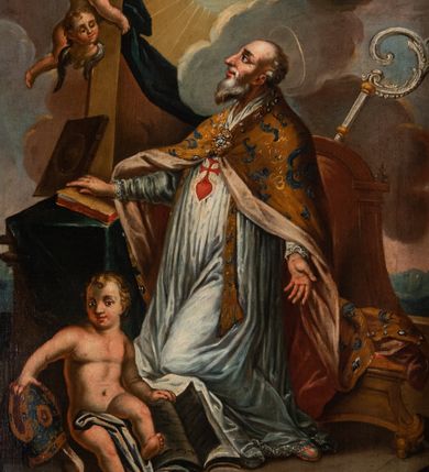 Zdjęcie nr 1: Obraz w kształcie prostokąta zamkniętego łukiem wklęsło-wypukłym, z uskokiem. Święty jest przedstawiony w całej postaci, zwrócony w trzech czwartych w prawo, w pozycji klęczącej, na klęczniku przykrytym zieloną draperią. Jego twarz jest ukazana z profilu, z długim nosem, czerwonymi ustami i spiczastą, długą, siwą, brodą i krótkimi włosami odsłaniającymi wysokie czoło i częściowo łysą głowę. Nad głową unosi się nimb. Jest ubrany w szarą albę z godłem zakonu Marków oraz wzorzystą kapę spiętą na piersi ozdobną fibulą. Prawą rękę opiera na księdze na klęczniku, lewą opuszcza ku dołowi. Za świętym ukazany fotel z wysokim oparciem, zamkniętym półkoliście, zza którego wystaje krzywaśń pastorału. Przed świętym siedzi oparty o klęcznik aniołek przepasany szarą tkaniną, z prawą ręką wspartą na infule, a z lewą na otwartej księdze. Przed nim leży czerwona księga i palma męczeństwa. W górnej części kompozycji anioł i putto z krzyżem, symbol Trójcy Świętej na tle promieni słonecznych i skłębionych chmur.