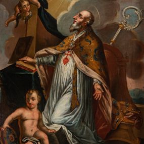 Zdjęcie nr 1: Obraz w kształcie prostokąta zamkniętego łukiem wklęsło-wypukłym, z uskokiem. Święty jest przedstawiony w całej postaci, zwrócony w trzech czwartych w prawo, w pozycji klęczącej, na klęczniku przykrytym zieloną draperią. Jego twarz jest ukazana z profilu, z długim nosem, czerwonymi ustami i spiczastą, długą, siwą, brodą i krótkimi włosami odsłaniającymi wysokie czoło i częściowo łysą głowę. Nad głową unosi się nimb. Jest ubrany w szarą albę z godłem zakonu Marków oraz wzorzystą kapę spiętą na piersi ozdobną fibulą. Prawą rękę opiera na księdze na klęczniku, lewą opuszcza ku dołowi. Za świętym ukazany fotel z wysokim oparciem, zamkniętym półkoliście, zza którego wystaje krzywaśń pastorału. Przed świętym siedzi oparty o klęcznik aniołek przepasany szarą tkaniną, z prawą ręką wspartą na infule, a z lewą na otwartej księdze. Przed nim leży czerwona księga i palma męczeństwa. W górnej części kompozycji anioł i putto z krzyżem, symbol Trójcy Świętej na tle promieni słonecznych i skłębionych chmur.