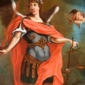 Zdjęcie nr 1: Obraz w kształcie stojącego prostokąta zamkniętego łukiem wklęsło-wypukłym z uskokiem. Postać archanioła ukazana niemal frontalnie, w kontrapoście, stoi na leżącym na ziemi diable. W prawej ręce trzyma miecz z skręconą, płomienistą głownią, a lewej wagę i łańcuch opadający na diabła. Jego głowa jest podłużna, nos przysadzisty, długi, usta pełne, oczy migdałowe. Jest ubrany w zbroję rzymską z piórami, czerwony rozłożysty płaszcz, sandały z rzemieniami opinającymi łydki i hełm z pióropuszem; na plecach nosi rozłożyste skrzydła.  Leżący na ziemi diabeł został przedstawiony z tułowiem człowieka ze skrzydłami i dolną częścią ciała nieokreślonego uwłosionego zwierzęcia z racicami i zakręconym ogonem. W tle skłębione chmury i wyłaniające się z nich uskrzydlone główki aniołków. Obraz bogaty kolorystycznie, z przewagą czerwieni, brązów i szarości. 