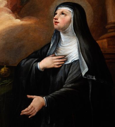 Zdjęcie nr 3: Obraz w kształcie stojącego prostokąta zamkniętego łukiem półkolistym, nadwieszonym, z występem. Święta ukazana w całej postaci, w pozycji klęczącej, w trzech czwartych. Ubrana jest w czarny habit i białą podwikę. Jej twarz jest pełna, nos długi, usta czerwone, lekko otwarte, oczy otwarte. Prawą rękę składa na piersi, lewą opuszcza w dół. Spogląda w kierunku Matki Boskiej z Dzieciątkiem wyłaniającej się z chmur. Przed nią stolik nakryty zieloną tkaniną ze złotym obszyciem, na którym znajdują się krucyfiks, korona zamknięta, berło, jabłko i lilia. W tle kolumna na postumencie i fragment kotary.