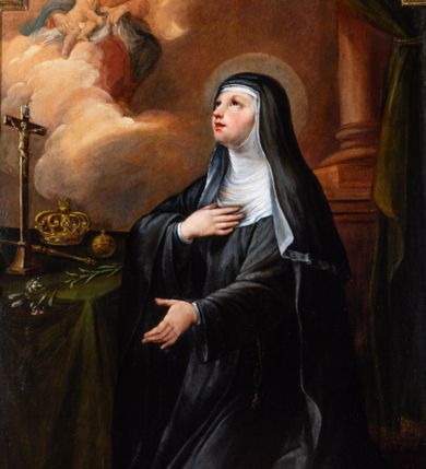 Zdjęcie nr 2: Obraz w kształcie stojącego prostokąta zamkniętego łukiem półkolistym, nadwieszonym, z występem. Święta ukazana w całej postaci, w pozycji klęczącej, w trzech czwartych. Ubrana jest w czarny habit i białą podwikę. Jej twarz jest pełna, nos długi, usta czerwone, lekko otwarte, oczy otwarte. Prawą rękę składa na piersi, lewą opuszcza w dół. Spogląda w kierunku Matki Boskiej z Dzieciątkiem wyłaniającej się z chmur. Przed nią stolik nakryty zieloną tkaniną ze złotym obszyciem, na którym znajdują się krucyfiks, korona zamknięta, berło, jabłko i lilia. W tle kolumna na postumencie i fragment kotary.