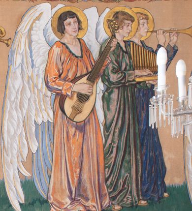 Zdjęcie nr 1: Obrazy w kształcie leżącego prostokąta przedstawiają procesję aniołów w trzech szeregach. Postacie w typie smukłych młodzieńców, ubranych w długie suknie w kolorze czerwonym, zielonym i niebieski, przepasane na biodrach, ze złotymi nimbami wokół głów i długimi białymi skrzydłami. Anioły w pierwszym rzędzie trzymają kadzielnice, w dalszych grają na różnych instrumentach: fletach, harfach, cytrze i cymbałach. Kompozycję obiega barwna, szeroka bordiura z różnych kwiatów.    