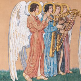 Zdjęcie nr 1: Obrazy w kształcie leżącego prostokąta przedstawiają procesję aniołów w trzech szeregach. Postacie w typie smukłych młodzieńców, ubranych w długie suknie w kolorze czerwonym, zielonym i niebieski, przepasane na biodrach, ze złotymi nimbami wokół głów i długimi białymi skrzydłami. Anioły w pierwszym rzędzie trzymają kadzielnice, w dalszych grają na różnych instrumentach: fletach, harfach, cytrze i cymbałach. Kompozycję obiega barwna, szeroka bordiura z różnych kwiatów.    