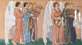 Zdjęcie nr 1: Obrazy w kształcie leżącego prostokąta przedstawiają procesję aniołów w trzech szeregach. Postacie w typie smukłych młodzieńców, ubranych w długie suknie w kolorze czerwonym, zielonym i niebieski, przepasane na biodrach, ze złotymi nimbami wokół głów i długimi białymi skrzydłami. Anioły w pierwszym rzędzie trzymają kadzielnice, w dalszych grają na różnych instrumentach: fletach, harfach, cytrze i cymbałach. Kompozycję obiega barwna, szeroka bordiura z różnych kwiatów.    