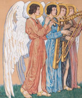 Zdjęcie nr 1: Obrazy w kształcie leżącego prostokąta przedstawiają procesję aniołów w trzech szeregach. Postacie w typie smukłych młodzieńców, ubranych w długie suknie w kolorze czerwonym, zielonym i niebieski, przepasane na biodrach, ze złotymi nimbami wokół głów i długimi białymi skrzydłami. Anioły w pierwszym rzędzie trzymają kadzielnice, w dalszych grają na różnych instrumentach: fletach, harfach, cytrze i cymbałach. Kompozycję obiega barwna, szeroka bordiura z różnych kwiatów.    