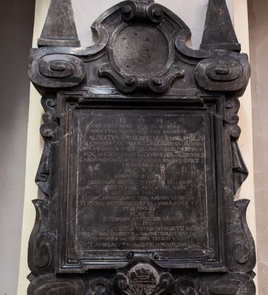 Zdjęcie nr 1: Tablica w kształcie stojącego prostokąta w profilowanej ramie z uskokami na narożach, wsparta na dwóch spłaszczonych wolutach i kartuszu z wyobrażeniem biretu na księdze z syglami "A" i "W" (Aalbertus Walkowicz). Tablicę ujmują spływy wolutowe, podwieszone draperie i wolutki, a wieńczy owalne pole flankowane spłaszczonymi ślimacznicami przechodzącymi w zawiniętą do środka wolutę. Na ślimacznicach osadzone niskie obeliski, a na wolucie krzyż o ramionach zamkniętych trójbocznie z promieniami. W polu Inskrypcja: "D[EO] O[PTIMO] M[AXIMO] / QVI VIXIT BENE / MORTVVS BEATUS / NOX EIVS / LVX ANIMI EST / M(GISTER) A(DA)LBERTUS WAŁKOWIC VSTIENSIS PHI(LOSOPHI)AE et IV/RIS VTRIUSQUE DOCTOR AECCL(ESI)AE COL[E]G[IA]TAE SS. O(M)NIUM CRAC(OVIENSIS) / CAN(ONI)CVS OLIMQ[VE] IN ACADEMIA CRAC(OVIENSI) IUSTIN[?] PROFESSOR / HOC IN LOCO HUMATVS EXTREMI EXPECTAT DIEM IVDICII / LABORVM IPSIUS IN DICTA ACADEMIA ANNIS 30 SUSCE/PTORUM MERCES / MORS / EHEV AMICI / DECIPIMUR VOTIS TEMPORE FALLIMUR / MORS DERIDET CVRAS ANXIA VITA NIHIL / QVI LEGIS HAEC / I NVNC ET VIGILA NOCTES(QUE) ABSUME LEGENDO / O CURAS HOMINUM CAEPTA(QVE) VNANIMIS / ET SI PIVS ES / MORTVO / AETERNAM APPRECARE RAEQIVEM / IS ENIM / EX PECULIO SVO ECCL(ES)IAE VSTIEN SUPELLECTILIA SACRA ET / FUNDA(T)O(RI)BUS CONVENTVI AUTEM HUIC BIBLIOTHECA DONATA / POST HVMAM ETIAM PIETATEM TESTARI VOLVIT/ OBIIT ANNO 1669 M[ENSIS] Marcy DIE 15 AETATIS SUAE Anno 54."

