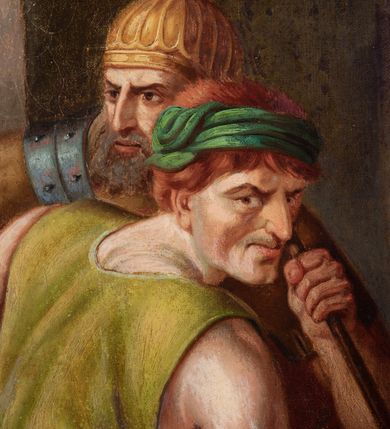 Zdjęcie nr 6: Czternaście obrazów uzyskało ten sam kształt stojącego prostokąta, obramienionego prostą, złoconą i profilowaną ramą. W polach obrazowych znalazły się wielopostaciowe kompozycje umieszczone najczęściej na tle pejzażu, ale także i architektury. Narracja każdego z obrazów skupia się na osobie Chrystusa, któremu towarzyszą inni ludzie, zgodnie z tematyką kolejnej stacji. Namalowane postacie wykonują gwałtowne i dynamiczne gesty. Na ich twarzach o jasnych karnacjach widoczne są różne emocje. Postacie ubrane są w obficie drapowane szaty o intensywnej i kontrastowej kolorystyce. Cykl przedstawia: 1) Sąd Piłata, 2) Jezus bierze krzyż na ramiona, 3) Pierwszy upadek Chrystusa, 4) Chrystus spotyka matkę, 5) Szymon z Cyreny pomaga nieść krzyż Jezusowi, 6) Weronika ociera twarz Jezusa, 7) Drugi upadek pod krzyżem Chrystusa, 8) Jezus upomina płaczące niewiasty, 9) Trzeci upadek pod krzyżem Chrystusa, 10) Obnażenie z szat Jezusa, 11) Przybicie do krzyża Chrystusa, 12) Śmierć Chrystusa na krzyżu, 13) Opłakiwanie Jezusa, 14) Złożenie Chrystusa do grobu.  