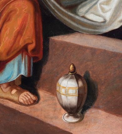 Zdjęcie nr 11: Czternaście obrazów uzyskało ten sam kształt stojącego prostokąta, obramienionego prostą, złoconą i profilowaną ramą. W polach obrazowych znalazły się wielopostaciowe kompozycje umieszczone najczęściej na tle pejzażu, ale także i architektury. Narracja każdego z obrazów skupia się na osobie Chrystusa, któremu towarzyszą inni ludzie, zgodnie z tematyką kolejnej stacji. Namalowane postacie wykonują gwałtowne i dynamiczne gesty. Na ich twarzach o jasnych karnacjach widoczne są różne emocje. Postacie ubrane są w obficie drapowane szaty o intensywnej i kontrastowej kolorystyce. Cykl przedstawia: 1) Sąd Piłata, 2) Jezus bierze krzyż na ramiona, 3) Pierwszy upadek Chrystusa, 4) Chrystus spotyka matkę, 5) Szymon z Cyreny pomaga nieść krzyż Jezusowi, 6) Weronika ociera twarz Jezusa, 7) Drugi upadek pod krzyżem Chrystusa, 8) Jezus upomina płaczące niewiasty, 9) Trzeci upadek pod krzyżem Chrystusa, 10) Obnażenie z szat Jezusa, 11) Przybicie do krzyża Chrystusa, 12) Śmierć Chrystusa na krzyżu, 13) Opłakiwanie Jezusa, 14) Złożenie Chrystusa do grobu.  