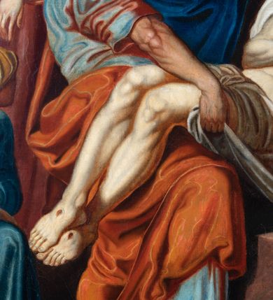 Zdjęcie nr 15: Czternaście obrazów uzyskało ten sam kształt stojącego prostokąta, obramienionego prostą, złoconą i profilowaną ramą. W polach obrazowych znalazły się wielopostaciowe kompozycje umieszczone najczęściej na tle pejzażu, ale także i architektury. Narracja każdego z obrazów skupia się na osobie Chrystusa, któremu towarzyszą inni ludzie, zgodnie z tematyką kolejnej stacji. Namalowane postacie wykonują gwałtowne i dynamiczne gesty. Na ich twarzach o jasnych karnacjach widoczne są różne emocje. Postacie ubrane są w obficie drapowane szaty o intensywnej i kontrastowej kolorystyce. Cykl przedstawia: 1) Sąd Piłata, 2) Jezus bierze krzyż na ramiona, 3) Pierwszy upadek Chrystusa, 4) Chrystus spotyka matkę, 5) Szymon z Cyreny pomaga nieść krzyż Jezusowi, 6) Weronika ociera twarz Jezusa, 7) Drugi upadek pod krzyżem Chrystusa, 8) Jezus upomina płaczące niewiasty, 9) Trzeci upadek pod krzyżem Chrystusa, 10) Obnażenie z szat Jezusa, 11) Przybicie do krzyża Chrystusa, 12) Śmierć Chrystusa na krzyżu, 13) Opłakiwanie Jezusa, 14) Złożenie Chrystusa do grobu.  