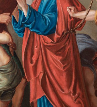 Zdjęcie nr 14: Czternaście obrazów uzyskało ten sam kształt stojącego prostokąta, obramienionego prostą, złoconą i profilowaną ramą. W polach obrazowych znalazły się wielopostaciowe kompozycje umieszczone najczęściej na tle pejzażu, ale także i architektury. Narracja każdego z obrazów skupia się na osobie Chrystusa, któremu towarzyszą inni ludzie, zgodnie z tematyką kolejnej stacji. Namalowane postacie wykonują gwałtowne i dynamiczne gesty. Na ich twarzach o jasnych karnacjach widoczne są różne emocje. Postacie ubrane są w obficie drapowane szaty o intensywnej i kontrastowej kolorystyce. Cykl przedstawia: 1) Sąd Piłata, 2) Jezus bierze krzyż na ramiona, 3) Pierwszy upadek Chrystusa, 4) Chrystus spotyka matkę, 5) Szymon z Cyreny pomaga nieść krzyż Jezusowi, 6) Weronika ociera twarz Jezusa, 7) Drugi upadek pod krzyżem Chrystusa, 8) Jezus upomina płaczące niewiasty, 9) Trzeci upadek pod krzyżem Chrystusa, 10) Obnażenie z szat Jezusa, 11) Przybicie do krzyża Chrystusa, 12) Śmierć Chrystusa na krzyżu, 13) Opłakiwanie Jezusa, 14) Złożenie Chrystusa do grobu.  