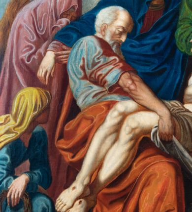 Zdjęcie nr 17: Czternaście obrazów uzyskało ten sam kształt stojącego prostokąta, obramienionego prostą, złoconą i profilowaną ramą. W polach obrazowych znalazły się wielopostaciowe kompozycje umieszczone najczęściej na tle pejzażu, ale także i architektury. Narracja każdego z obrazów skupia się na osobie Chrystusa, któremu towarzyszą inni ludzie, zgodnie z tematyką kolejnej stacji. Namalowane postacie wykonują gwałtowne i dynamiczne gesty. Na ich twarzach o jasnych karnacjach widoczne są różne emocje. Postacie ubrane są w obficie drapowane szaty o intensywnej i kontrastowej kolorystyce. Cykl przedstawia: 1) Sąd Piłata, 2) Jezus bierze krzyż na ramiona, 3) Pierwszy upadek Chrystusa, 4) Chrystus spotyka matkę, 5) Szymon z Cyreny pomaga nieść krzyż Jezusowi, 6) Weronika ociera twarz Jezusa, 7) Drugi upadek pod krzyżem Chrystusa, 8) Jezus upomina płaczące niewiasty, 9) Trzeci upadek pod krzyżem Chrystusa, 10) Obnażenie z szat Jezusa, 11) Przybicie do krzyża Chrystusa, 12) Śmierć Chrystusa na krzyżu, 13) Opłakiwanie Jezusa, 14) Złożenie Chrystusa do grobu.  