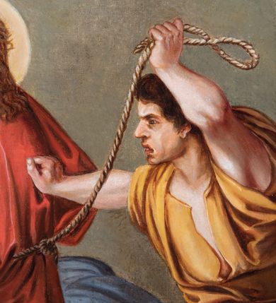 Zdjęcie nr 20: Czternaście obrazów uzyskało ten sam kształt stojącego prostokąta, obramienionego prostą, złoconą i profilowaną ramą. W polach obrazowych znalazły się wielopostaciowe kompozycje umieszczone najczęściej na tle pejzażu, ale także i architektury. Narracja każdego z obrazów skupia się na osobie Chrystusa, któremu towarzyszą inni ludzie, zgodnie z tematyką kolejnej stacji. Namalowane postacie wykonują gwałtowne i dynamiczne gesty. Na ich twarzach o jasnych karnacjach widoczne są różne emocje. Postacie ubrane są w obficie drapowane szaty o intensywnej i kontrastowej kolorystyce. Cykl przedstawia: 1) Sąd Piłata, 2) Jezus bierze krzyż na ramiona, 3) Pierwszy upadek Chrystusa, 4) Chrystus spotyka matkę, 5) Szymon z Cyreny pomaga nieść krzyż Jezusowi, 6) Weronika ociera twarz Jezusa, 7) Drugi upadek pod krzyżem Chrystusa, 8) Jezus upomina płaczące niewiasty, 9) Trzeci upadek pod krzyżem Chrystusa, 10) Obnażenie z szat Jezusa, 11) Przybicie do krzyża Chrystusa, 12) Śmierć Chrystusa na krzyżu, 13) Opłakiwanie Jezusa, 14) Złożenie Chrystusa do grobu.  