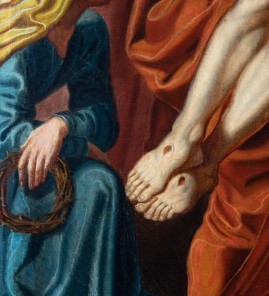 Zdjęcie nr 21: Czternaście obrazów uzyskało ten sam kształt stojącego prostokąta, obramienionego prostą, złoconą i profilowaną ramą. W polach obrazowych znalazły się wielopostaciowe kompozycje umieszczone najczęściej na tle pejzażu, ale także i architektury. Narracja każdego z obrazów skupia się na osobie Chrystusa, któremu towarzyszą inni ludzie, zgodnie z tematyką kolejnej stacji. Namalowane postacie wykonują gwałtowne i dynamiczne gesty. Na ich twarzach o jasnych karnacjach widoczne są różne emocje. Postacie ubrane są w obficie drapowane szaty o intensywnej i kontrastowej kolorystyce. Cykl przedstawia: 1) Sąd Piłata, 2) Jezus bierze krzyż na ramiona, 3) Pierwszy upadek Chrystusa, 4) Chrystus spotyka matkę, 5) Szymon z Cyreny pomaga nieść krzyż Jezusowi, 6) Weronika ociera twarz Jezusa, 7) Drugi upadek pod krzyżem Chrystusa, 8) Jezus upomina płaczące niewiasty, 9) Trzeci upadek pod krzyżem Chrystusa, 10) Obnażenie z szat Jezusa, 11) Przybicie do krzyża Chrystusa, 12) Śmierć Chrystusa na krzyżu, 13) Opłakiwanie Jezusa, 14) Złożenie Chrystusa do grobu.  