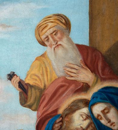 Zdjęcie nr 23: Czternaście obrazów uzyskało ten sam kształt stojącego prostokąta, obramienionego prostą, złoconą i profilowaną ramą. W polach obrazowych znalazły się wielopostaciowe kompozycje umieszczone najczęściej na tle pejzażu, ale także i architektury. Narracja każdego z obrazów skupia się na osobie Chrystusa, któremu towarzyszą inni ludzie, zgodnie z tematyką kolejnej stacji. Namalowane postacie wykonują gwałtowne i dynamiczne gesty. Na ich twarzach o jasnych karnacjach widoczne są różne emocje. Postacie ubrane są w obficie drapowane szaty o intensywnej i kontrastowej kolorystyce. Cykl przedstawia: 1) Sąd Piłata, 2) Jezus bierze krzyż na ramiona, 3) Pierwszy upadek Chrystusa, 4) Chrystus spotyka matkę, 5) Szymon z Cyreny pomaga nieść krzyż Jezusowi, 6) Weronika ociera twarz Jezusa, 7) Drugi upadek pod krzyżem Chrystusa, 8) Jezus upomina płaczące niewiasty, 9) Trzeci upadek pod krzyżem Chrystusa, 10) Obnażenie z szat Jezusa, 11) Przybicie do krzyża Chrystusa, 12) Śmierć Chrystusa na krzyżu, 13) Opłakiwanie Jezusa, 14) Złożenie Chrystusa do grobu.  