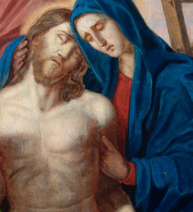 Zdjęcie nr 24: Czternaście obrazów uzyskało ten sam kształt stojącego prostokąta, obramienionego prostą, złoconą i profilowaną ramą. W polach obrazowych znalazły się wielopostaciowe kompozycje umieszczone najczęściej na tle pejzażu, ale także i architektury. Narracja każdego z obrazów skupia się na osobie Chrystusa, któremu towarzyszą inni ludzie, zgodnie z tematyką kolejnej stacji. Namalowane postacie wykonują gwałtowne i dynamiczne gesty. Na ich twarzach o jasnych karnacjach widoczne są różne emocje. Postacie ubrane są w obficie drapowane szaty o intensywnej i kontrastowej kolorystyce. Cykl przedstawia: 1) Sąd Piłata, 2) Jezus bierze krzyż na ramiona, 3) Pierwszy upadek Chrystusa, 4) Chrystus spotyka matkę, 5) Szymon z Cyreny pomaga nieść krzyż Jezusowi, 6) Weronika ociera twarz Jezusa, 7) Drugi upadek pod krzyżem Chrystusa, 8) Jezus upomina płaczące niewiasty, 9) Trzeci upadek pod krzyżem Chrystusa, 10) Obnażenie z szat Jezusa, 11) Przybicie do krzyża Chrystusa, 12) Śmierć Chrystusa na krzyżu, 13) Opłakiwanie Jezusa, 14) Złożenie Chrystusa do grobu.  