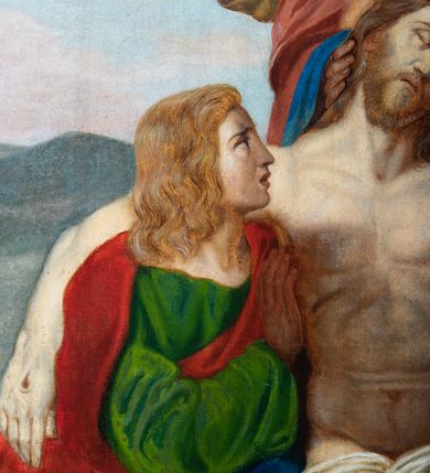 Zdjęcie nr 27: Czternaście obrazów uzyskało ten sam kształt stojącego prostokąta, obramienionego prostą, złoconą i profilowaną ramą. W polach obrazowych znalazły się wielopostaciowe kompozycje umieszczone najczęściej na tle pejzażu, ale także i architektury. Narracja każdego z obrazów skupia się na osobie Chrystusa, któremu towarzyszą inni ludzie, zgodnie z tematyką kolejnej stacji. Namalowane postacie wykonują gwałtowne i dynamiczne gesty. Na ich twarzach o jasnych karnacjach widoczne są różne emocje. Postacie ubrane są w obficie drapowane szaty o intensywnej i kontrastowej kolorystyce. Cykl przedstawia: 1) Sąd Piłata, 2) Jezus bierze krzyż na ramiona, 3) Pierwszy upadek Chrystusa, 4) Chrystus spotyka matkę, 5) Szymon z Cyreny pomaga nieść krzyż Jezusowi, 6) Weronika ociera twarz Jezusa, 7) Drugi upadek pod krzyżem Chrystusa, 8) Jezus upomina płaczące niewiasty, 9) Trzeci upadek pod krzyżem Chrystusa, 10) Obnażenie z szat Jezusa, 11) Przybicie do krzyża Chrystusa, 12) Śmierć Chrystusa na krzyżu, 13) Opłakiwanie Jezusa, 14) Złożenie Chrystusa do grobu.  