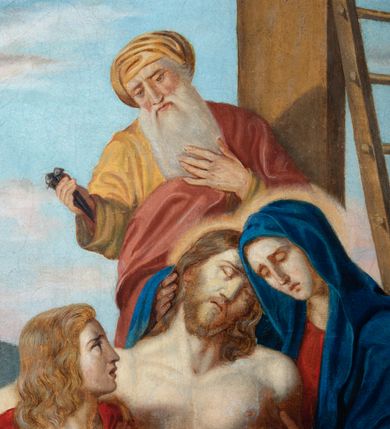 Zdjęcie nr 29: Czternaście obrazów uzyskało ten sam kształt stojącego prostokąta, obramienionego prostą, złoconą i profilowaną ramą. W polach obrazowych znalazły się wielopostaciowe kompozycje umieszczone najczęściej na tle pejzażu, ale także i architektury. Narracja każdego z obrazów skupia się na osobie Chrystusa, któremu towarzyszą inni ludzie, zgodnie z tematyką kolejnej stacji. Namalowane postacie wykonują gwałtowne i dynamiczne gesty. Na ich twarzach o jasnych karnacjach widoczne są różne emocje. Postacie ubrane są w obficie drapowane szaty o intensywnej i kontrastowej kolorystyce. Cykl przedstawia: 1) Sąd Piłata, 2) Jezus bierze krzyż na ramiona, 3) Pierwszy upadek Chrystusa, 4) Chrystus spotyka matkę, 5) Szymon z Cyreny pomaga nieść krzyż Jezusowi, 6) Weronika ociera twarz Jezusa, 7) Drugi upadek pod krzyżem Chrystusa, 8) Jezus upomina płaczące niewiasty, 9) Trzeci upadek pod krzyżem Chrystusa, 10) Obnażenie z szat Jezusa, 11) Przybicie do krzyża Chrystusa, 12) Śmierć Chrystusa na krzyżu, 13) Opłakiwanie Jezusa, 14) Złożenie Chrystusa do grobu.  