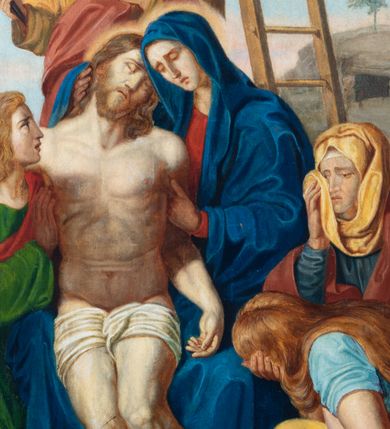 Zdjęcie nr 28: Czternaście obrazów uzyskało ten sam kształt stojącego prostokąta, obramienionego prostą, złoconą i profilowaną ramą. W polach obrazowych znalazły się wielopostaciowe kompozycje umieszczone najczęściej na tle pejzażu, ale także i architektury. Narracja każdego z obrazów skupia się na osobie Chrystusa, któremu towarzyszą inni ludzie, zgodnie z tematyką kolejnej stacji. Namalowane postacie wykonują gwałtowne i dynamiczne gesty. Na ich twarzach o jasnych karnacjach widoczne są różne emocje. Postacie ubrane są w obficie drapowane szaty o intensywnej i kontrastowej kolorystyce. Cykl przedstawia: 1) Sąd Piłata, 2) Jezus bierze krzyż na ramiona, 3) Pierwszy upadek Chrystusa, 4) Chrystus spotyka matkę, 5) Szymon z Cyreny pomaga nieść krzyż Jezusowi, 6) Weronika ociera twarz Jezusa, 7) Drugi upadek pod krzyżem Chrystusa, 8) Jezus upomina płaczące niewiasty, 9) Trzeci upadek pod krzyżem Chrystusa, 10) Obnażenie z szat Jezusa, 11) Przybicie do krzyża Chrystusa, 12) Śmierć Chrystusa na krzyżu, 13) Opłakiwanie Jezusa, 14) Złożenie Chrystusa do grobu.  