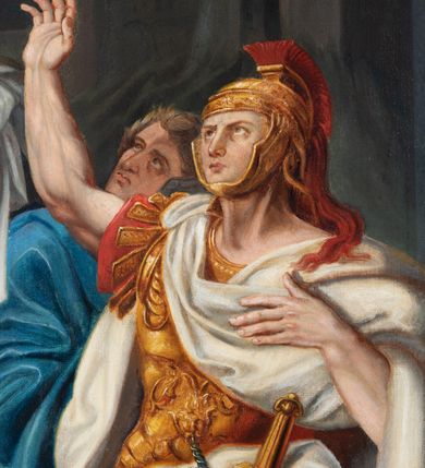 Zdjęcie nr 31: Czternaście obrazów uzyskało ten sam kształt stojącego prostokąta, obramienionego prostą, złoconą i profilowaną ramą. W polach obrazowych znalazły się wielopostaciowe kompozycje umieszczone najczęściej na tle pejzażu, ale także i architektury. Narracja każdego z obrazów skupia się na osobie Chrystusa, któremu towarzyszą inni ludzie, zgodnie z tematyką kolejnej stacji. Namalowane postacie wykonują gwałtowne i dynamiczne gesty. Na ich twarzach o jasnych karnacjach widoczne są różne emocje. Postacie ubrane są w obficie drapowane szaty o intensywnej i kontrastowej kolorystyce. Cykl przedstawia: 1) Sąd Piłata, 2) Jezus bierze krzyż na ramiona, 3) Pierwszy upadek Chrystusa, 4) Chrystus spotyka matkę, 5) Szymon z Cyreny pomaga nieść krzyż Jezusowi, 6) Weronika ociera twarz Jezusa, 7) Drugi upadek pod krzyżem Chrystusa, 8) Jezus upomina płaczące niewiasty, 9) Trzeci upadek pod krzyżem Chrystusa, 10) Obnażenie z szat Jezusa, 11) Przybicie do krzyża Chrystusa, 12) Śmierć Chrystusa na krzyżu, 13) Opłakiwanie Jezusa, 14) Złożenie Chrystusa do grobu.  