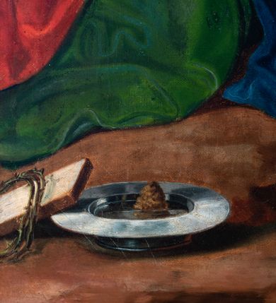 Zdjęcie nr 30: Czternaście obrazów uzyskało ten sam kształt stojącego prostokąta, obramienionego prostą, złoconą i profilowaną ramą. W polach obrazowych znalazły się wielopostaciowe kompozycje umieszczone najczęściej na tle pejzażu, ale także i architektury. Narracja każdego z obrazów skupia się na osobie Chrystusa, któremu towarzyszą inni ludzie, zgodnie z tematyką kolejnej stacji. Namalowane postacie wykonują gwałtowne i dynamiczne gesty. Na ich twarzach o jasnych karnacjach widoczne są różne emocje. Postacie ubrane są w obficie drapowane szaty o intensywnej i kontrastowej kolorystyce. Cykl przedstawia: 1) Sąd Piłata, 2) Jezus bierze krzyż na ramiona, 3) Pierwszy upadek Chrystusa, 4) Chrystus spotyka matkę, 5) Szymon z Cyreny pomaga nieść krzyż Jezusowi, 6) Weronika ociera twarz Jezusa, 7) Drugi upadek pod krzyżem Chrystusa, 8) Jezus upomina płaczące niewiasty, 9) Trzeci upadek pod krzyżem Chrystusa, 10) Obnażenie z szat Jezusa, 11) Przybicie do krzyża Chrystusa, 12) Śmierć Chrystusa na krzyżu, 13) Opłakiwanie Jezusa, 14) Złożenie Chrystusa do grobu.  