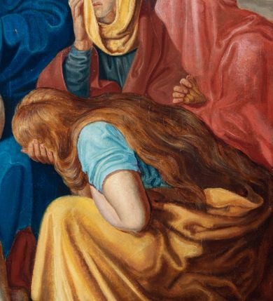 Zdjęcie nr 34: Czternaście obrazów uzyskało ten sam kształt stojącego prostokąta, obramienionego prostą, złoconą i profilowaną ramą. W polach obrazowych znalazły się wielopostaciowe kompozycje umieszczone najczęściej na tle pejzażu, ale także i architektury. Narracja każdego z obrazów skupia się na osobie Chrystusa, któremu towarzyszą inni ludzie, zgodnie z tematyką kolejnej stacji. Namalowane postacie wykonują gwałtowne i dynamiczne gesty. Na ich twarzach o jasnych karnacjach widoczne są różne emocje. Postacie ubrane są w obficie drapowane szaty o intensywnej i kontrastowej kolorystyce. Cykl przedstawia: 1) Sąd Piłata, 2) Jezus bierze krzyż na ramiona, 3) Pierwszy upadek Chrystusa, 4) Chrystus spotyka matkę, 5) Szymon z Cyreny pomaga nieść krzyż Jezusowi, 6) Weronika ociera twarz Jezusa, 7) Drugi upadek pod krzyżem Chrystusa, 8) Jezus upomina płaczące niewiasty, 9) Trzeci upadek pod krzyżem Chrystusa, 10) Obnażenie z szat Jezusa, 11) Przybicie do krzyża Chrystusa, 12) Śmierć Chrystusa na krzyżu, 13) Opłakiwanie Jezusa, 14) Złożenie Chrystusa do grobu.  