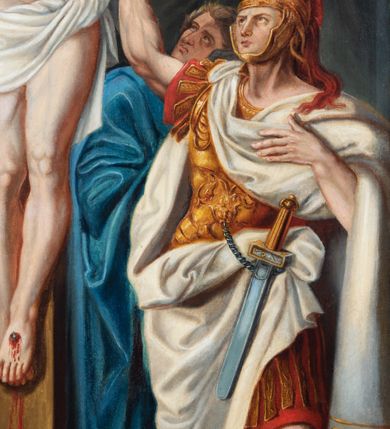 Zdjęcie nr 35: Czternaście obrazów uzyskało ten sam kształt stojącego prostokąta, obramienionego prostą, złoconą i profilowaną ramą. W polach obrazowych znalazły się wielopostaciowe kompozycje umieszczone najczęściej na tle pejzażu, ale także i architektury. Narracja każdego z obrazów skupia się na osobie Chrystusa, któremu towarzyszą inni ludzie, zgodnie z tematyką kolejnej stacji. Namalowane postacie wykonują gwałtowne i dynamiczne gesty. Na ich twarzach o jasnych karnacjach widoczne są różne emocje. Postacie ubrane są w obficie drapowane szaty o intensywnej i kontrastowej kolorystyce. Cykl przedstawia: 1) Sąd Piłata, 2) Jezus bierze krzyż na ramiona, 3) Pierwszy upadek Chrystusa, 4) Chrystus spotyka matkę, 5) Szymon z Cyreny pomaga nieść krzyż Jezusowi, 6) Weronika ociera twarz Jezusa, 7) Drugi upadek pod krzyżem Chrystusa, 8) Jezus upomina płaczące niewiasty, 9) Trzeci upadek pod krzyżem Chrystusa, 10) Obnażenie z szat Jezusa, 11) Przybicie do krzyża Chrystusa, 12) Śmierć Chrystusa na krzyżu, 13) Opłakiwanie Jezusa, 14) Złożenie Chrystusa do grobu.  