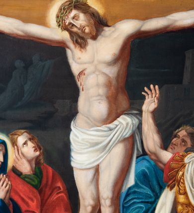 Zdjęcie nr 38: Czternaście obrazów uzyskało ten sam kształt stojącego prostokąta, obramienionego prostą, złoconą i profilowaną ramą. W polach obrazowych znalazły się wielopostaciowe kompozycje umieszczone najczęściej na tle pejzażu, ale także i architektury. Narracja każdego z obrazów skupia się na osobie Chrystusa, któremu towarzyszą inni ludzie, zgodnie z tematyką kolejnej stacji. Namalowane postacie wykonują gwałtowne i dynamiczne gesty. Na ich twarzach o jasnych karnacjach widoczne są różne emocje. Postacie ubrane są w obficie drapowane szaty o intensywnej i kontrastowej kolorystyce. Cykl przedstawia: 1) Sąd Piłata, 2) Jezus bierze krzyż na ramiona, 3) Pierwszy upadek Chrystusa, 4) Chrystus spotyka matkę, 5) Szymon z Cyreny pomaga nieść krzyż Jezusowi, 6) Weronika ociera twarz Jezusa, 7) Drugi upadek pod krzyżem Chrystusa, 8) Jezus upomina płaczące niewiasty, 9) Trzeci upadek pod krzyżem Chrystusa, 10) Obnażenie z szat Jezusa, 11) Przybicie do krzyża Chrystusa, 12) Śmierć Chrystusa na krzyżu, 13) Opłakiwanie Jezusa, 14) Złożenie Chrystusa do grobu.  