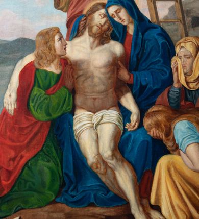 Zdjęcie nr 44: Czternaście obrazów uzyskało ten sam kształt stojącego prostokąta, obramienionego prostą, złoconą i profilowaną ramą. W polach obrazowych znalazły się wielopostaciowe kompozycje umieszczone najczęściej na tle pejzażu, ale także i architektury. Narracja każdego z obrazów skupia się na osobie Chrystusa, któremu towarzyszą inni ludzie, zgodnie z tematyką kolejnej stacji. Namalowane postacie wykonują gwałtowne i dynamiczne gesty. Na ich twarzach o jasnych karnacjach widoczne są różne emocje. Postacie ubrane są w obficie drapowane szaty o intensywnej i kontrastowej kolorystyce. Cykl przedstawia: 1) Sąd Piłata, 2) Jezus bierze krzyż na ramiona, 3) Pierwszy upadek Chrystusa, 4) Chrystus spotyka matkę, 5) Szymon z Cyreny pomaga nieść krzyż Jezusowi, 6) Weronika ociera twarz Jezusa, 7) Drugi upadek pod krzyżem Chrystusa, 8) Jezus upomina płaczące niewiasty, 9) Trzeci upadek pod krzyżem Chrystusa, 10) Obnażenie z szat Jezusa, 11) Przybicie do krzyża Chrystusa, 12) Śmierć Chrystusa na krzyżu, 13) Opłakiwanie Jezusa, 14) Złożenie Chrystusa do grobu.  