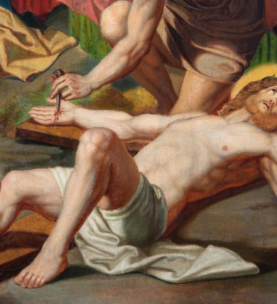 Zdjęcie nr 42: Czternaście obrazów uzyskało ten sam kształt stojącego prostokąta, obramienionego prostą, złoconą i profilowaną ramą. W polach obrazowych znalazły się wielopostaciowe kompozycje umieszczone najczęściej na tle pejzażu, ale także i architektury. Narracja każdego z obrazów skupia się na osobie Chrystusa, któremu towarzyszą inni ludzie, zgodnie z tematyką kolejnej stacji. Namalowane postacie wykonują gwałtowne i dynamiczne gesty. Na ich twarzach o jasnych karnacjach widoczne są różne emocje. Postacie ubrane są w obficie drapowane szaty o intensywnej i kontrastowej kolorystyce. Cykl przedstawia: 1) Sąd Piłata, 2) Jezus bierze krzyż na ramiona, 3) Pierwszy upadek Chrystusa, 4) Chrystus spotyka matkę, 5) Szymon z Cyreny pomaga nieść krzyż Jezusowi, 6) Weronika ociera twarz Jezusa, 7) Drugi upadek pod krzyżem Chrystusa, 8) Jezus upomina płaczące niewiasty, 9) Trzeci upadek pod krzyżem Chrystusa, 10) Obnażenie z szat Jezusa, 11) Przybicie do krzyża Chrystusa, 12) Śmierć Chrystusa na krzyżu, 13) Opłakiwanie Jezusa, 14) Złożenie Chrystusa do grobu.  