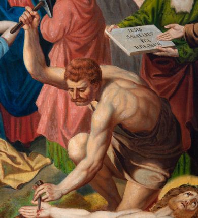 Zdjęcie nr 48: Czternaście obrazów uzyskało ten sam kształt stojącego prostokąta, obramienionego prostą, złoconą i profilowaną ramą. W polach obrazowych znalazły się wielopostaciowe kompozycje umieszczone najczęściej na tle pejzażu, ale także i architektury. Narracja każdego z obrazów skupia się na osobie Chrystusa, któremu towarzyszą inni ludzie, zgodnie z tematyką kolejnej stacji. Namalowane postacie wykonują gwałtowne i dynamiczne gesty. Na ich twarzach o jasnych karnacjach widoczne są różne emocje. Postacie ubrane są w obficie drapowane szaty o intensywnej i kontrastowej kolorystyce. Cykl przedstawia: 1) Sąd Piłata, 2) Jezus bierze krzyż na ramiona, 3) Pierwszy upadek Chrystusa, 4) Chrystus spotyka matkę, 5) Szymon z Cyreny pomaga nieść krzyż Jezusowi, 6) Weronika ociera twarz Jezusa, 7) Drugi upadek pod krzyżem Chrystusa, 8) Jezus upomina płaczące niewiasty, 9) Trzeci upadek pod krzyżem Chrystusa, 10) Obnażenie z szat Jezusa, 11) Przybicie do krzyża Chrystusa, 12) Śmierć Chrystusa na krzyżu, 13) Opłakiwanie Jezusa, 14) Złożenie Chrystusa do grobu.  