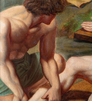 Zdjęcie nr 45: Czternaście obrazów uzyskało ten sam kształt stojącego prostokąta, obramienionego prostą, złoconą i profilowaną ramą. W polach obrazowych znalazły się wielopostaciowe kompozycje umieszczone najczęściej na tle pejzażu, ale także i architektury. Narracja każdego z obrazów skupia się na osobie Chrystusa, któremu towarzyszą inni ludzie, zgodnie z tematyką kolejnej stacji. Namalowane postacie wykonują gwałtowne i dynamiczne gesty. Na ich twarzach o jasnych karnacjach widoczne są różne emocje. Postacie ubrane są w obficie drapowane szaty o intensywnej i kontrastowej kolorystyce. Cykl przedstawia: 1) Sąd Piłata, 2) Jezus bierze krzyż na ramiona, 3) Pierwszy upadek Chrystusa, 4) Chrystus spotyka matkę, 5) Szymon z Cyreny pomaga nieść krzyż Jezusowi, 6) Weronika ociera twarz Jezusa, 7) Drugi upadek pod krzyżem Chrystusa, 8) Jezus upomina płaczące niewiasty, 9) Trzeci upadek pod krzyżem Chrystusa, 10) Obnażenie z szat Jezusa, 11) Przybicie do krzyża Chrystusa, 12) Śmierć Chrystusa na krzyżu, 13) Opłakiwanie Jezusa, 14) Złożenie Chrystusa do grobu.  