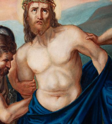 Zdjęcie nr 55: Czternaście obrazów uzyskało ten sam kształt stojącego prostokąta, obramienionego prostą, złoconą i profilowaną ramą. W polach obrazowych znalazły się wielopostaciowe kompozycje umieszczone najczęściej na tle pejzażu, ale także i architektury. Narracja każdego z obrazów skupia się na osobie Chrystusa, któremu towarzyszą inni ludzie, zgodnie z tematyką kolejnej stacji. Namalowane postacie wykonują gwałtowne i dynamiczne gesty. Na ich twarzach o jasnych karnacjach widoczne są różne emocje. Postacie ubrane są w obficie drapowane szaty o intensywnej i kontrastowej kolorystyce. Cykl przedstawia: 1) Sąd Piłata, 2) Jezus bierze krzyż na ramiona, 3) Pierwszy upadek Chrystusa, 4) Chrystus spotyka matkę, 5) Szymon z Cyreny pomaga nieść krzyż Jezusowi, 6) Weronika ociera twarz Jezusa, 7) Drugi upadek pod krzyżem Chrystusa, 8) Jezus upomina płaczące niewiasty, 9) Trzeci upadek pod krzyżem Chrystusa, 10) Obnażenie z szat Jezusa, 11) Przybicie do krzyża Chrystusa, 12) Śmierć Chrystusa na krzyżu, 13) Opłakiwanie Jezusa, 14) Złożenie Chrystusa do grobu.  