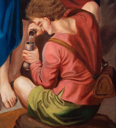 Zdjęcie nr 53: Czternaście obrazów uzyskało ten sam kształt stojącego prostokąta, obramienionego prostą, złoconą i profilowaną ramą. W polach obrazowych znalazły się wielopostaciowe kompozycje umieszczone najczęściej na tle pejzażu, ale także i architektury. Narracja każdego z obrazów skupia się na osobie Chrystusa, któremu towarzyszą inni ludzie, zgodnie z tematyką kolejnej stacji. Namalowane postacie wykonują gwałtowne i dynamiczne gesty. Na ich twarzach o jasnych karnacjach widoczne są różne emocje. Postacie ubrane są w obficie drapowane szaty o intensywnej i kontrastowej kolorystyce. Cykl przedstawia: 1) Sąd Piłata, 2) Jezus bierze krzyż na ramiona, 3) Pierwszy upadek Chrystusa, 4) Chrystus spotyka matkę, 5) Szymon z Cyreny pomaga nieść krzyż Jezusowi, 6) Weronika ociera twarz Jezusa, 7) Drugi upadek pod krzyżem Chrystusa, 8) Jezus upomina płaczące niewiasty, 9) Trzeci upadek pod krzyżem Chrystusa, 10) Obnażenie z szat Jezusa, 11) Przybicie do krzyża Chrystusa, 12) Śmierć Chrystusa na krzyżu, 13) Opłakiwanie Jezusa, 14) Złożenie Chrystusa do grobu.  