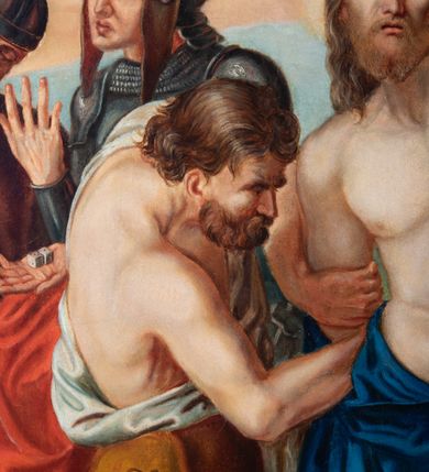 Zdjęcie nr 56: Czternaście obrazów uzyskało ten sam kształt stojącego prostokąta, obramienionego prostą, złoconą i profilowaną ramą. W polach obrazowych znalazły się wielopostaciowe kompozycje umieszczone najczęściej na tle pejzażu, ale także i architektury. Narracja każdego z obrazów skupia się na osobie Chrystusa, któremu towarzyszą inni ludzie, zgodnie z tematyką kolejnej stacji. Namalowane postacie wykonują gwałtowne i dynamiczne gesty. Na ich twarzach o jasnych karnacjach widoczne są różne emocje. Postacie ubrane są w obficie drapowane szaty o intensywnej i kontrastowej kolorystyce. Cykl przedstawia: 1) Sąd Piłata, 2) Jezus bierze krzyż na ramiona, 3) Pierwszy upadek Chrystusa, 4) Chrystus spotyka matkę, 5) Szymon z Cyreny pomaga nieść krzyż Jezusowi, 6) Weronika ociera twarz Jezusa, 7) Drugi upadek pod krzyżem Chrystusa, 8) Jezus upomina płaczące niewiasty, 9) Trzeci upadek pod krzyżem Chrystusa, 10) Obnażenie z szat Jezusa, 11) Przybicie do krzyża Chrystusa, 12) Śmierć Chrystusa na krzyżu, 13) Opłakiwanie Jezusa, 14) Złożenie Chrystusa do grobu.  