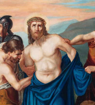 Zdjęcie nr 61: Czternaście obrazów uzyskało ten sam kształt stojącego prostokąta, obramienionego prostą, złoconą i profilowaną ramą. W polach obrazowych znalazły się wielopostaciowe kompozycje umieszczone najczęściej na tle pejzażu, ale także i architektury. Narracja każdego z obrazów skupia się na osobie Chrystusa, któremu towarzyszą inni ludzie, zgodnie z tematyką kolejnej stacji. Namalowane postacie wykonują gwałtowne i dynamiczne gesty. Na ich twarzach o jasnych karnacjach widoczne są różne emocje. Postacie ubrane są w obficie drapowane szaty o intensywnej i kontrastowej kolorystyce. Cykl przedstawia: 1) Sąd Piłata, 2) Jezus bierze krzyż na ramiona, 3) Pierwszy upadek Chrystusa, 4) Chrystus spotyka matkę, 5) Szymon z Cyreny pomaga nieść krzyż Jezusowi, 6) Weronika ociera twarz Jezusa, 7) Drugi upadek pod krzyżem Chrystusa, 8) Jezus upomina płaczące niewiasty, 9) Trzeci upadek pod krzyżem Chrystusa, 10) Obnażenie z szat Jezusa, 11) Przybicie do krzyża Chrystusa, 12) Śmierć Chrystusa na krzyżu, 13) Opłakiwanie Jezusa, 14) Złożenie Chrystusa do grobu.  