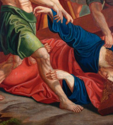 Zdjęcie nr 62: Czternaście obrazów uzyskało ten sam kształt stojącego prostokąta, obramienionego prostą, złoconą i profilowaną ramą. W polach obrazowych znalazły się wielopostaciowe kompozycje umieszczone najczęściej na tle pejzażu, ale także i architektury. Narracja każdego z obrazów skupia się na osobie Chrystusa, któremu towarzyszą inni ludzie, zgodnie z tematyką kolejnej stacji. Namalowane postacie wykonują gwałtowne i dynamiczne gesty. Na ich twarzach o jasnych karnacjach widoczne są różne emocje. Postacie ubrane są w obficie drapowane szaty o intensywnej i kontrastowej kolorystyce. Cykl przedstawia: 1) Sąd Piłata, 2) Jezus bierze krzyż na ramiona, 3) Pierwszy upadek Chrystusa, 4) Chrystus spotyka matkę, 5) Szymon z Cyreny pomaga nieść krzyż Jezusowi, 6) Weronika ociera twarz Jezusa, 7) Drugi upadek pod krzyżem Chrystusa, 8) Jezus upomina płaczące niewiasty, 9) Trzeci upadek pod krzyżem Chrystusa, 10) Obnażenie z szat Jezusa, 11) Przybicie do krzyża Chrystusa, 12) Śmierć Chrystusa na krzyżu, 13) Opłakiwanie Jezusa, 14) Złożenie Chrystusa do grobu.  