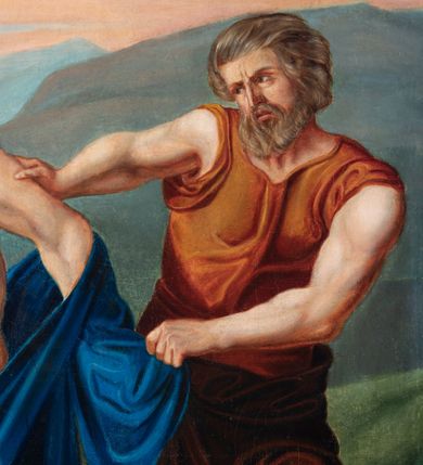 Zdjęcie nr 58: Czternaście obrazów uzyskało ten sam kształt stojącego prostokąta, obramienionego prostą, złoconą i profilowaną ramą. W polach obrazowych znalazły się wielopostaciowe kompozycje umieszczone najczęściej na tle pejzażu, ale także i architektury. Narracja każdego z obrazów skupia się na osobie Chrystusa, któremu towarzyszą inni ludzie, zgodnie z tematyką kolejnej stacji. Namalowane postacie wykonują gwałtowne i dynamiczne gesty. Na ich twarzach o jasnych karnacjach widoczne są różne emocje. Postacie ubrane są w obficie drapowane szaty o intensywnej i kontrastowej kolorystyce. Cykl przedstawia: 1) Sąd Piłata, 2) Jezus bierze krzyż na ramiona, 3) Pierwszy upadek Chrystusa, 4) Chrystus spotyka matkę, 5) Szymon z Cyreny pomaga nieść krzyż Jezusowi, 6) Weronika ociera twarz Jezusa, 7) Drugi upadek pod krzyżem Chrystusa, 8) Jezus upomina płaczące niewiasty, 9) Trzeci upadek pod krzyżem Chrystusa, 10) Obnażenie z szat Jezusa, 11) Przybicie do krzyża Chrystusa, 12) Śmierć Chrystusa na krzyżu, 13) Opłakiwanie Jezusa, 14) Złożenie Chrystusa do grobu.  