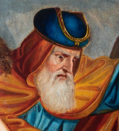 Zdjęcie nr 64: Czternaście obrazów uzyskało ten sam kształt stojącego prostokąta, obramienionego prostą, złoconą i profilowaną ramą. W polach obrazowych znalazły się wielopostaciowe kompozycje umieszczone najczęściej na tle pejzażu, ale także i architektury. Narracja każdego z obrazów skupia się na osobie Chrystusa, któremu towarzyszą inni ludzie, zgodnie z tematyką kolejnej stacji. Namalowane postacie wykonują gwałtowne i dynamiczne gesty. Na ich twarzach o jasnych karnacjach widoczne są różne emocje. Postacie ubrane są w obficie drapowane szaty o intensywnej i kontrastowej kolorystyce. Cykl przedstawia: 1) Sąd Piłata, 2) Jezus bierze krzyż na ramiona, 3) Pierwszy upadek Chrystusa, 4) Chrystus spotyka matkę, 5) Szymon z Cyreny pomaga nieść krzyż Jezusowi, 6) Weronika ociera twarz Jezusa, 7) Drugi upadek pod krzyżem Chrystusa, 8) Jezus upomina płaczące niewiasty, 9) Trzeci upadek pod krzyżem Chrystusa, 10) Obnażenie z szat Jezusa, 11) Przybicie do krzyża Chrystusa, 12) Śmierć Chrystusa na krzyżu, 13) Opłakiwanie Jezusa, 14) Złożenie Chrystusa do grobu.  