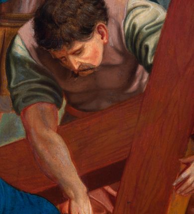 Zdjęcie nr 63: Czternaście obrazów uzyskało ten sam kształt stojącego prostokąta, obramienionego prostą, złoconą i profilowaną ramą. W polach obrazowych znalazły się wielopostaciowe kompozycje umieszczone najczęściej na tle pejzażu, ale także i architektury. Narracja każdego z obrazów skupia się na osobie Chrystusa, któremu towarzyszą inni ludzie, zgodnie z tematyką kolejnej stacji. Namalowane postacie wykonują gwałtowne i dynamiczne gesty. Na ich twarzach o jasnych karnacjach widoczne są różne emocje. Postacie ubrane są w obficie drapowane szaty o intensywnej i kontrastowej kolorystyce. Cykl przedstawia: 1) Sąd Piłata, 2) Jezus bierze krzyż na ramiona, 3) Pierwszy upadek Chrystusa, 4) Chrystus spotyka matkę, 5) Szymon z Cyreny pomaga nieść krzyż Jezusowi, 6) Weronika ociera twarz Jezusa, 7) Drugi upadek pod krzyżem Chrystusa, 8) Jezus upomina płaczące niewiasty, 9) Trzeci upadek pod krzyżem Chrystusa, 10) Obnażenie z szat Jezusa, 11) Przybicie do krzyża Chrystusa, 12) Śmierć Chrystusa na krzyżu, 13) Opłakiwanie Jezusa, 14) Złożenie Chrystusa do grobu.  